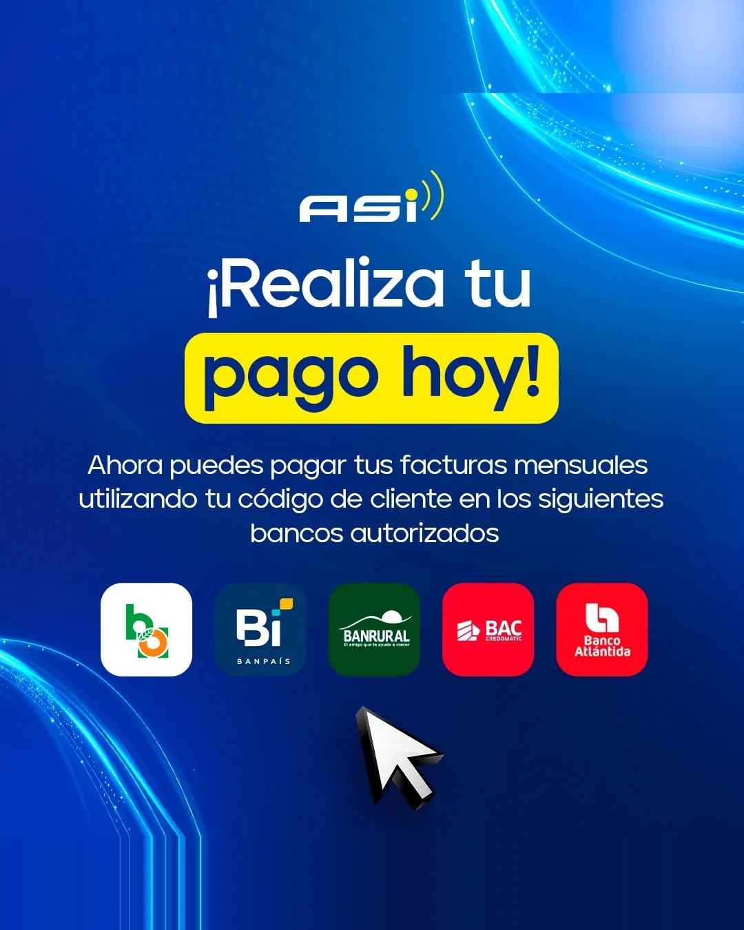 ¡Realiza tu pago hoy! Ir a Pago Seguro. Ahora puedes pagar tus facturas mensuales utilizando tu código de cliente en los bancos autorizados: Banco de Occidente, Banpaís, Banrural, BAC Credomatic y Banco Atlántida.